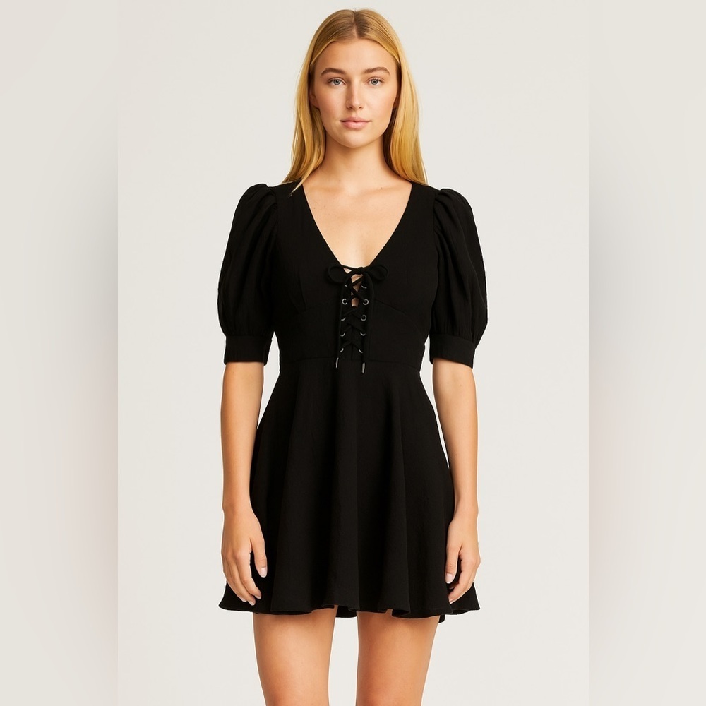 House Of Harlow 1960‎ Puff Sleeve Black Linen blend Dress Size 10
